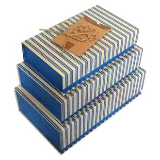 Коробки картонные 303-30-35 наб. из 3 прям. Полоска синяя с шнуром и конвертом (21.5х12.5х5-27х16.5
