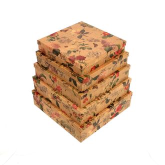 Коробки картонные 504-08 наб. из 5 квад. плоских Цветы ретро крафт (26х26х5-34х34х9)