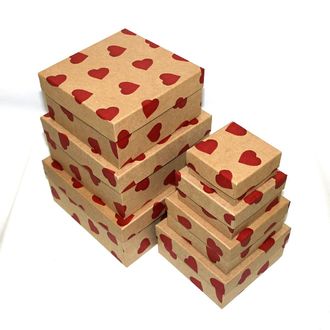 Коробки картонные 701-36 наб. из 7 квад. Сердца красные крафт (20x20x10-8x8x4)